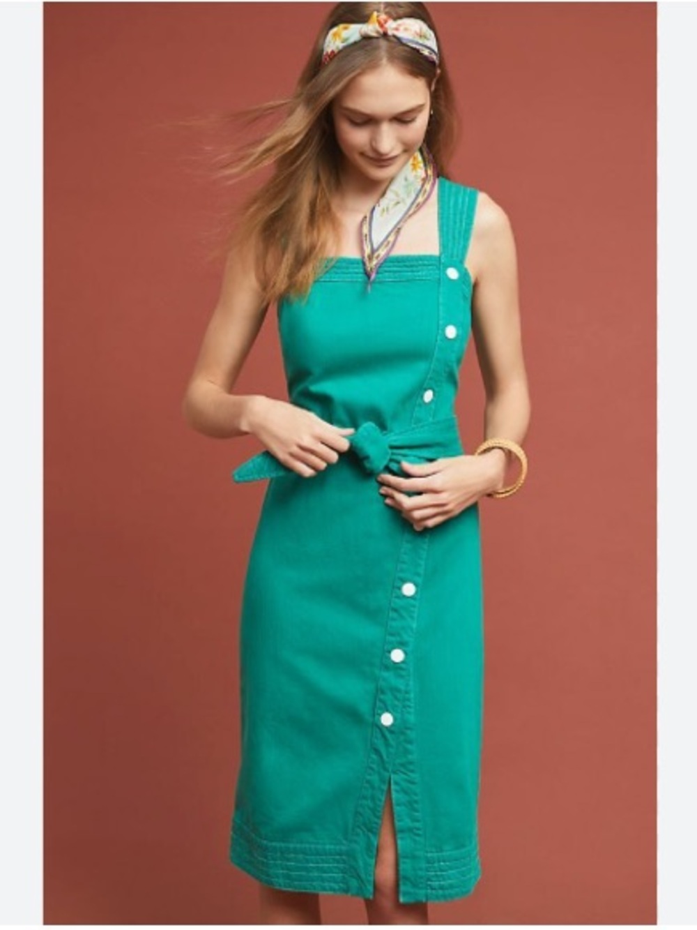 Anthropologie Emerald Green Sleeveless Midi Dress with Side Buttons